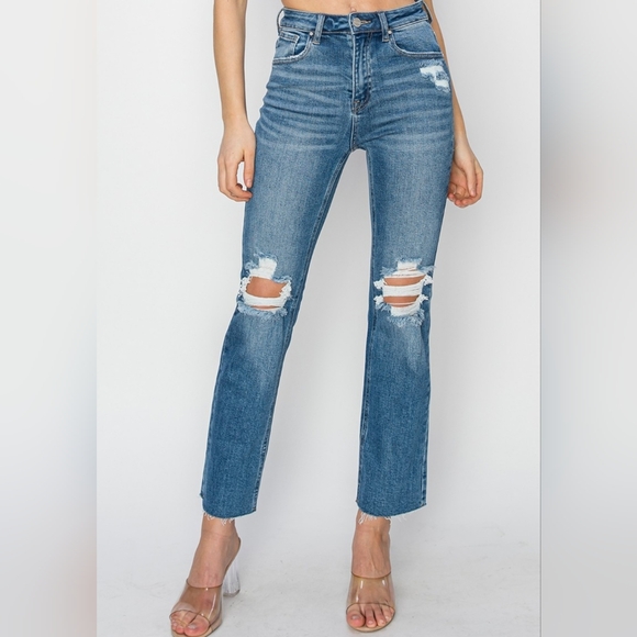 RISEN High-Rise Straight Leg Distressed Ankle Frayed Raw Hem Jeans Denim Pants - Picture 11 of 16